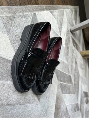 Franco Sarto Black Patent Fringe Loafers